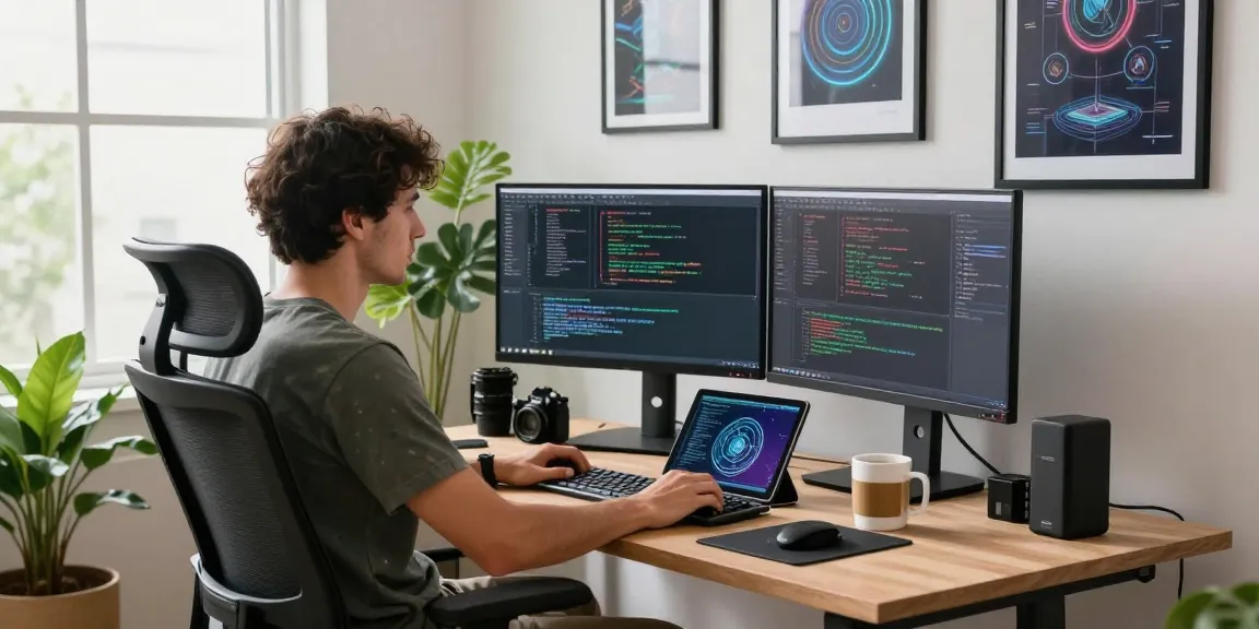 Developer using generative AI tools in a modern tech workspace, with dual monitors and a vibrant atmosphere.