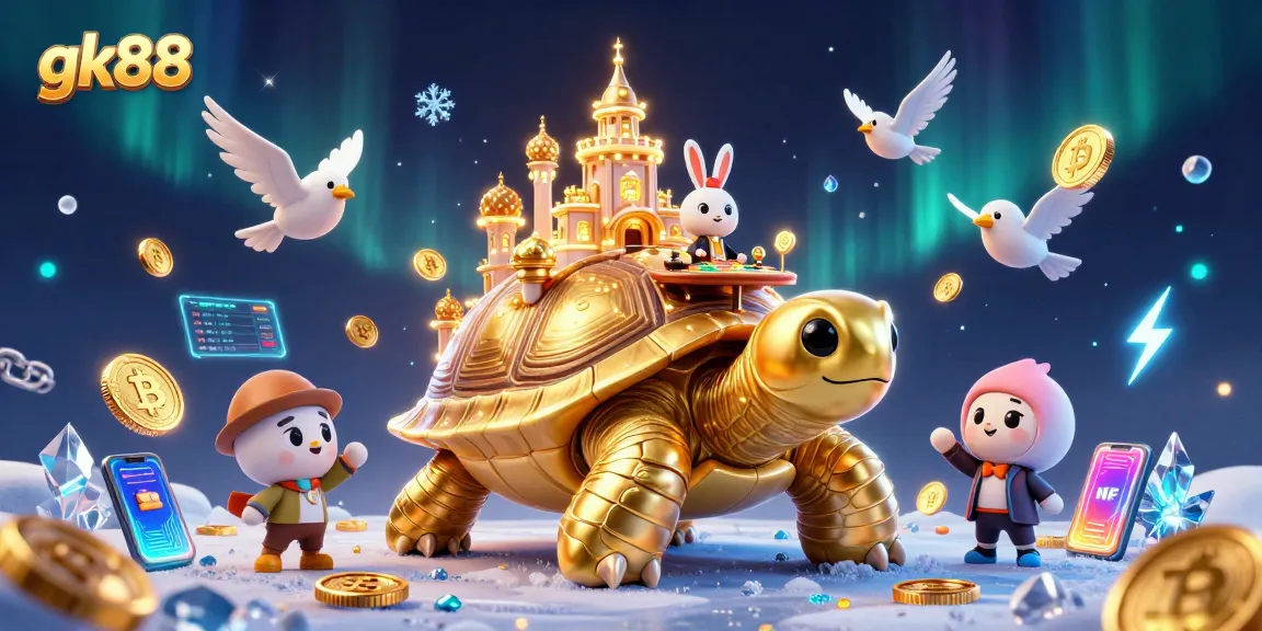 Play at gk88 with a giant tortoise casino, featuring golden coin birds and a rabbit dealer.