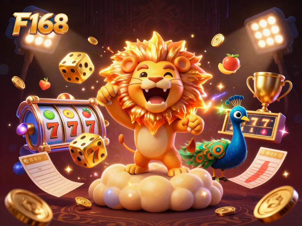 Engage with F168's thrilling slots scene featuring dynamic game elements and a roaring lion.