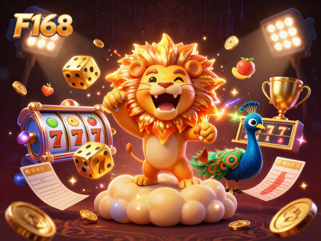 Engage with F168's thrilling slots scene featuring dynamic game elements and a roaring lion.