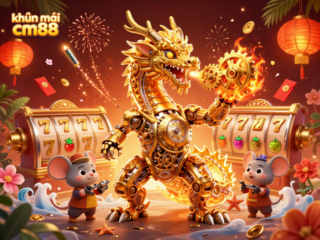 Win exciting bonuses with khuyến mãi cm88 in this vibrant casino illustration featuring a golden dragon and dynamic slot symbols.