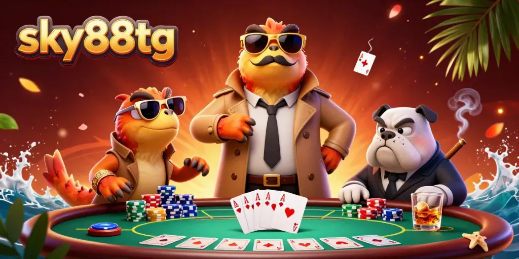 Experience thrilling poker action at sky88tg with 3D cartoon characters in a dynamic casino scene.