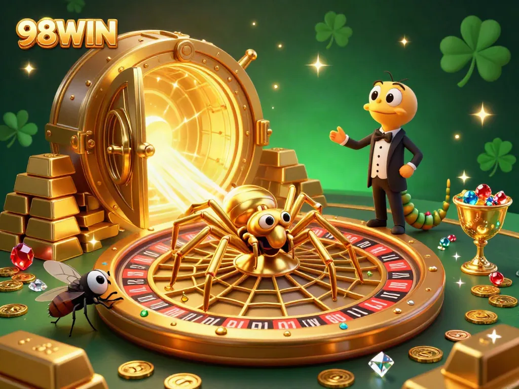 Engage with 98WIN's thrilling roulette web game featuring gold treasures, a spider croupier, and vibrant gems.