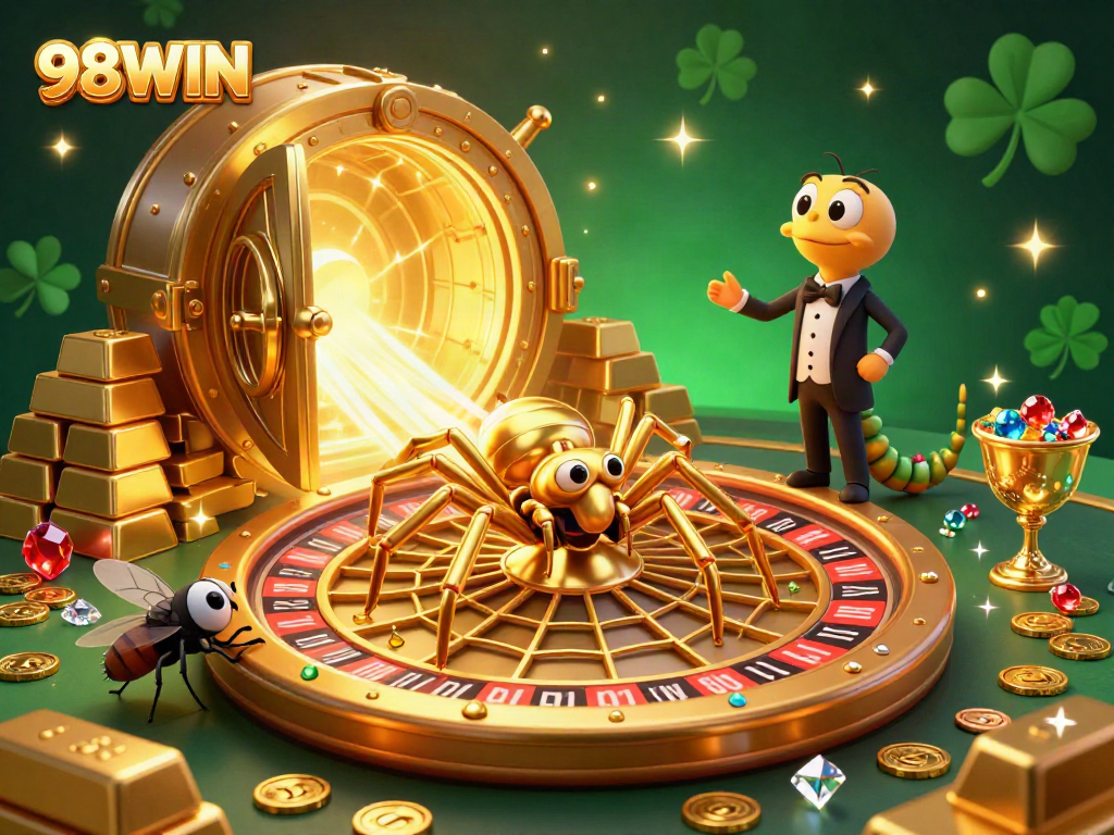 Engage with 98WIN's thrilling roulette web game featuring gold treasures, a spider croupier, and vibrant gems.