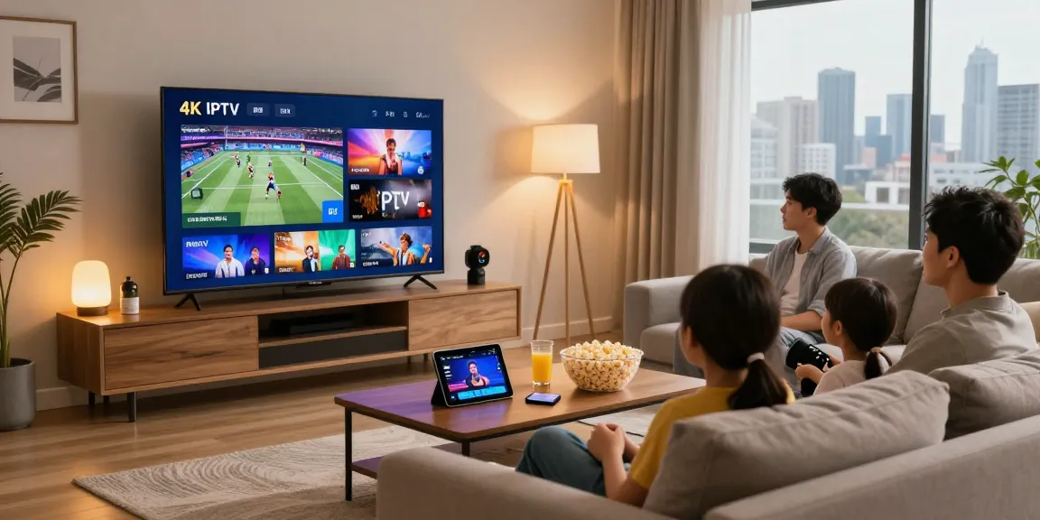 Family enjoying IPTV service on a 4K TV in a cozy living room.