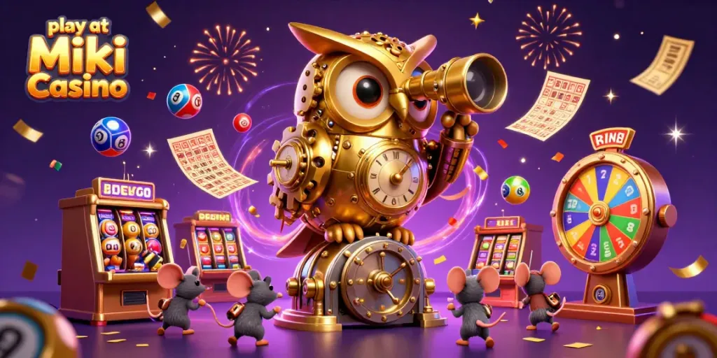 Play at Miki Casino with exciting golden owl and animated casino elements in a vibrant 3D scene.