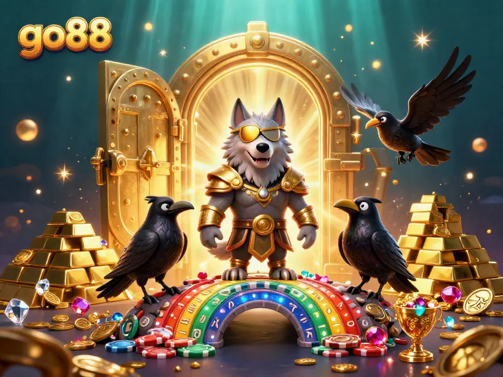 Experience the thrill of go88 with a vibrant 3D illustration showcasing mythic elements and casino treasures.