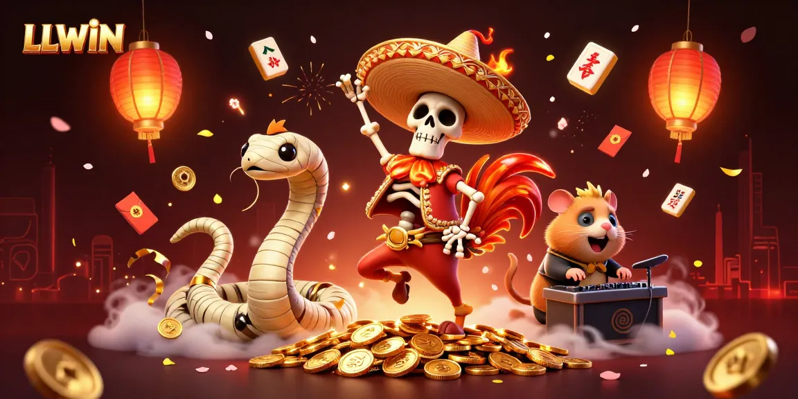 Experience vibrant winnings with LLWIN's playful casino scene filled with fun characters and treasures.