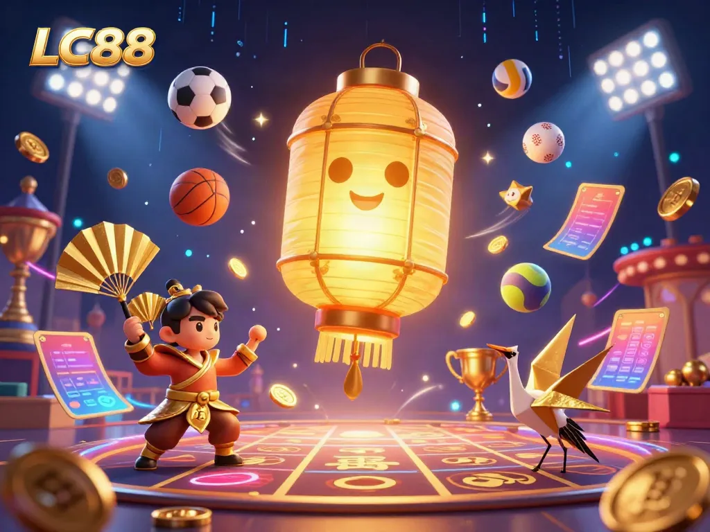 Experience the vibrant world of LC88 where golden lantern spirits illuminate the night market casino with dynamic sports elements and festive energy.