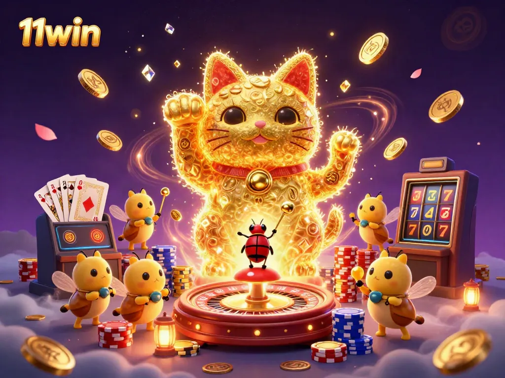 Experience dynamic gameplay with 11win's cartoon lucky cat and shimmering casino symbols in a vibrant scene.