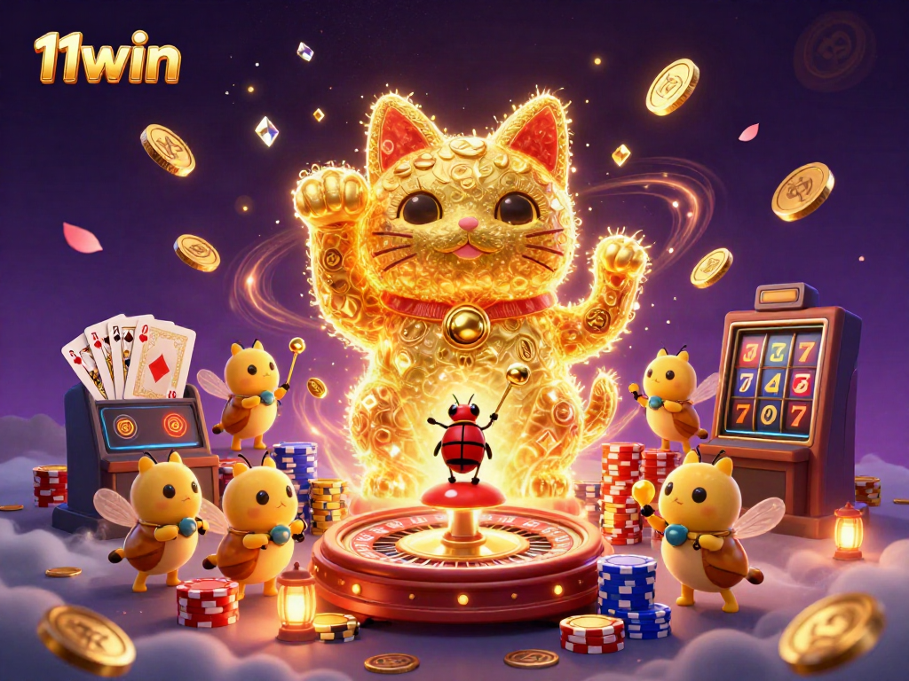 Experience dynamic gameplay with 11win's cartoon lucky cat and shimmering casino symbols in a vibrant scene.