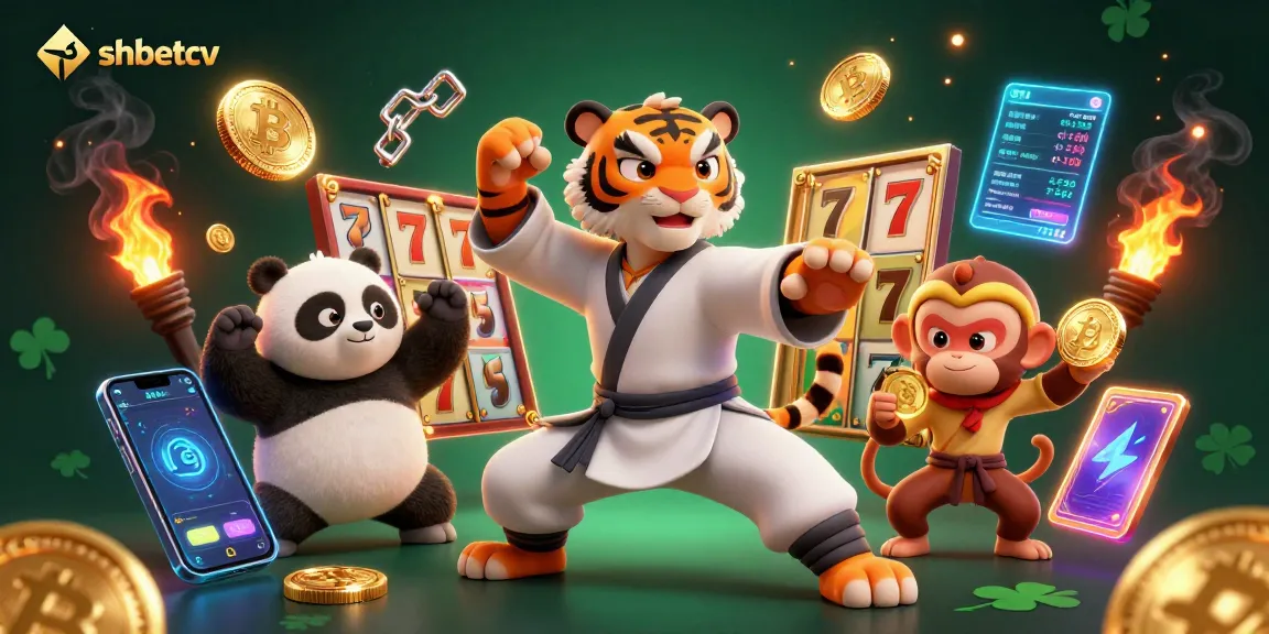 Experience thrilling wins at shbetcv with 3D cartoon characters surrounded by vibrant slot machines and cryptocurrency elements.