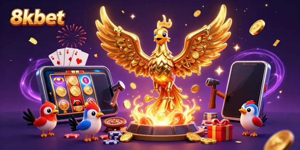 Experience thrilling gaming action with 8xbet's vibrant casino scene, featuring a molten phoenix and gaming elements.