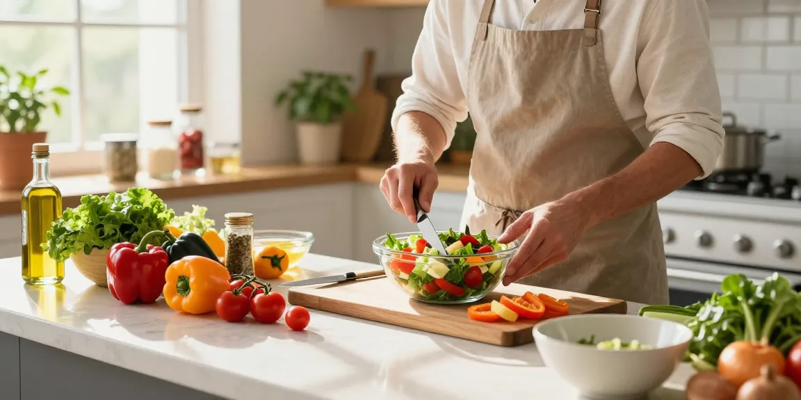 Chef preparing fresh salad with erecsure ingredients in a bright kitchen