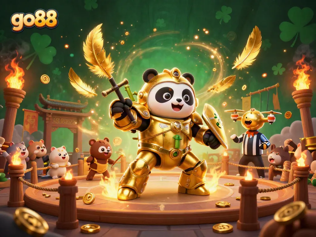 Experience go88 excitement with a golden panda pilot and thrilling robotic battle in a vibrant casino arena.