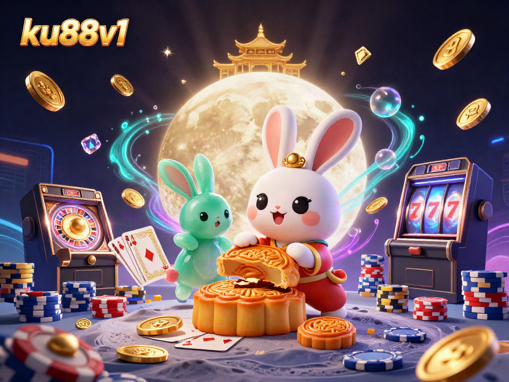 Play exciting games and win with ku88v1 in a magical casino scene featuring chip-filled mooncakes!