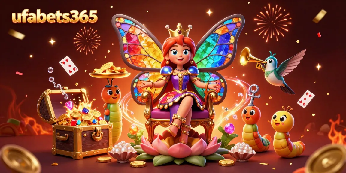 The butterfly queen of ufabets365 presides over a vibrant casino scene filled with gold coins, celebrating players, and festive confetti.