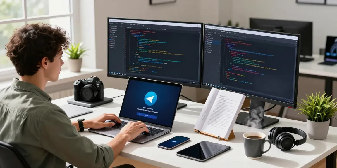 Professional tech workspace during Telegram download with multiple monitors and gadgets