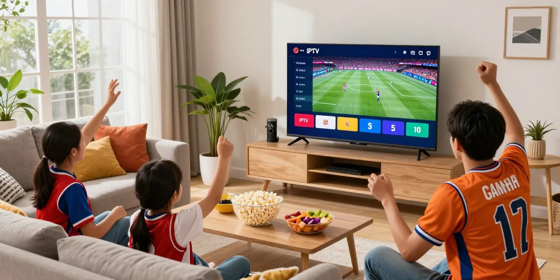 Family enjoying IPTV streaming in vibrant living room, watching live sports event.