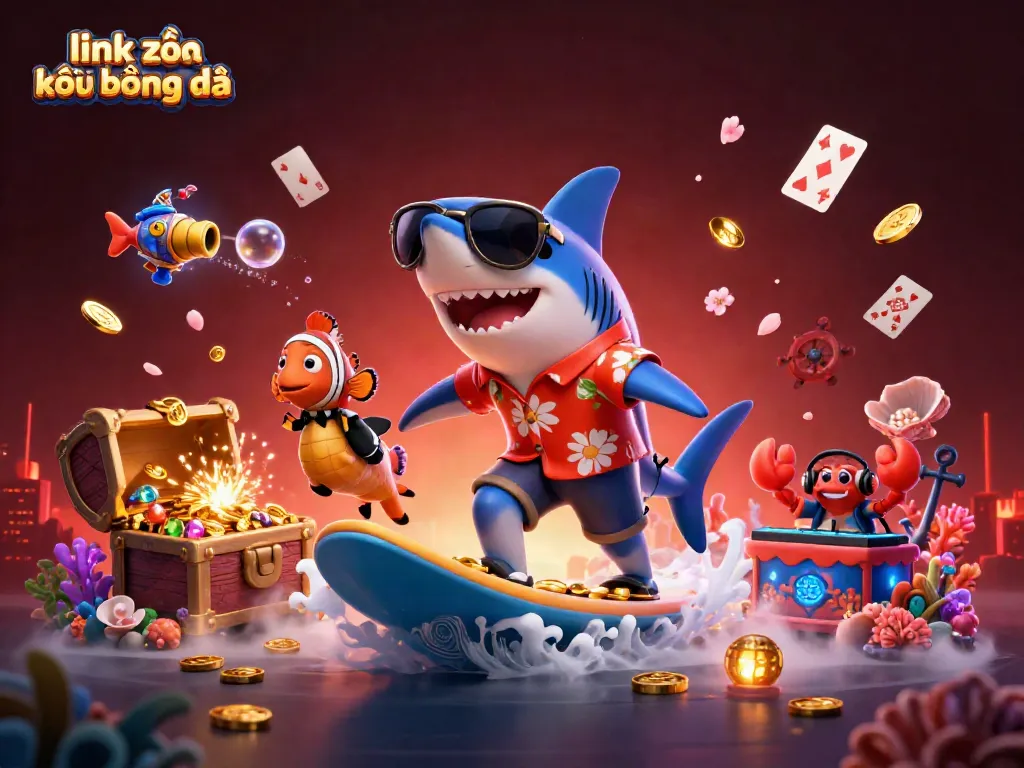 Experience the thrill with link vào kết quả bóng đá as a shark surfs on gold coins amidst a vibrant underwater casino scene.
