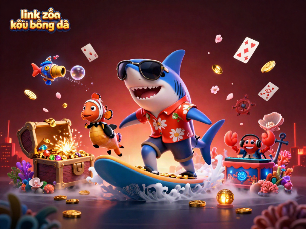 Experience the thrill with link vào kết quả bóng đá as a shark surfs on gold coins amidst a vibrant underwater casino scene.