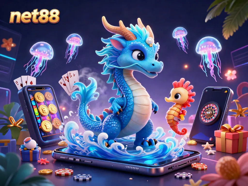 Engage in thrilling gameplay at net88 with an illustration of captivating casino elements and enchanting sea creatures.