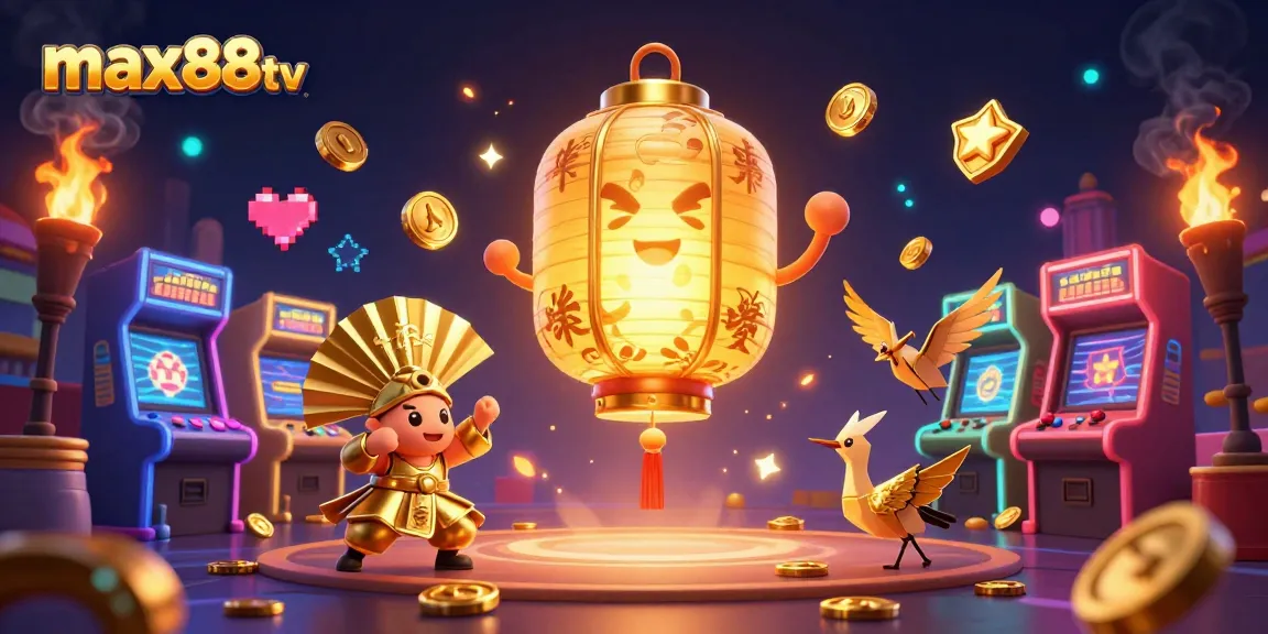Engage with max88tv in an exciting online casino environment featuring golden lantern spirits and arcade games.
