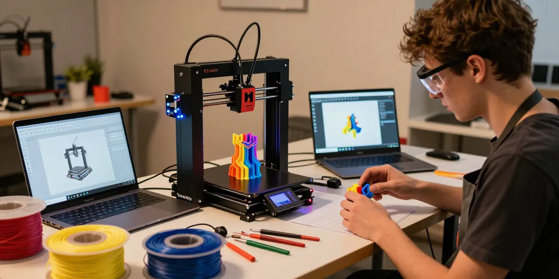 Young enthusiast assembling a Creality 3D printer in a vibrant workshop setting.