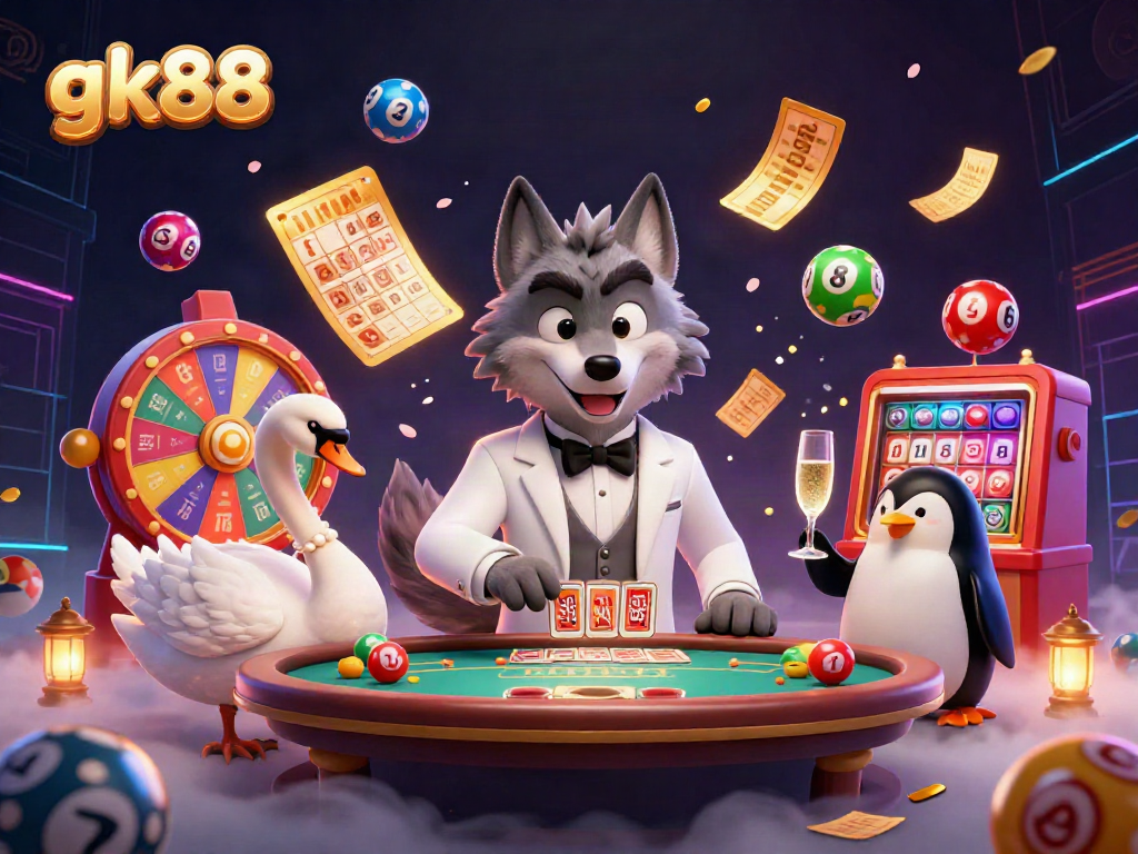 Experience thrilling baccarat action at gk88 with an elegant wolf dealer, swan croupier, and penguin sommelier amidst an exciting backdrop.