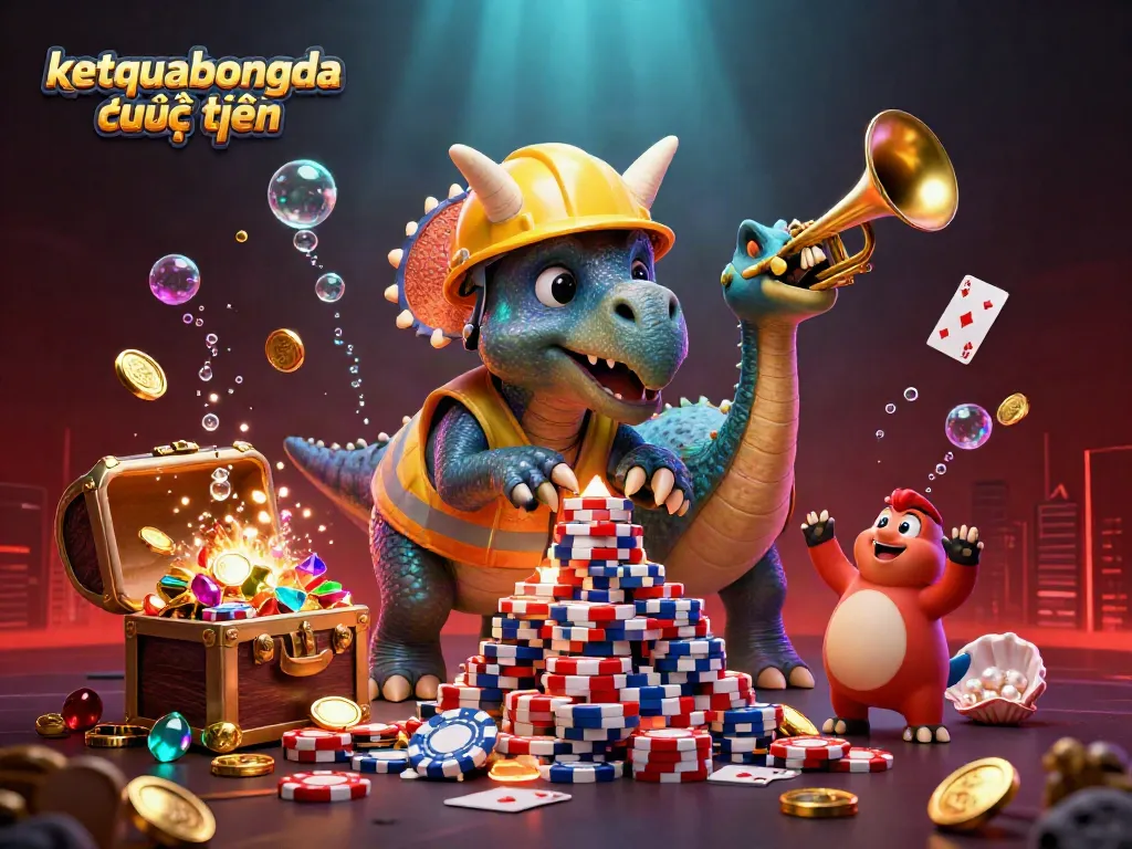 Engage in ketquabongda trực tuyến with this vibrant 3D scene featuring animated dinosaur characters celebrating alongside casino-themed elements.