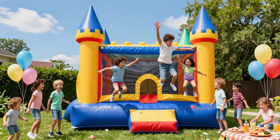 Children enjoying a bounce castle in a vibrant backyard setting with festive decorations.