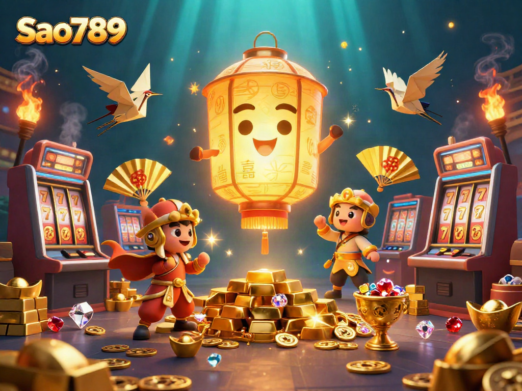 Sao789 players dive into vibrant casino action with golden lantern spirits, slot machines, and treasure.