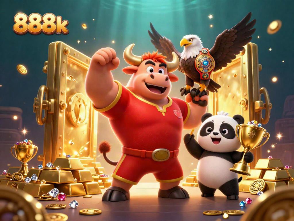 Win gold with 888k while a bull mascot, eagle, and panda celebrate amidst treasures.