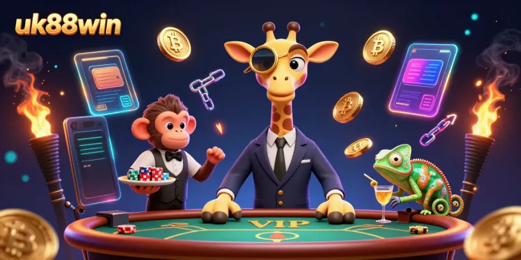Experience dynamic gambling with uk88win in a festive 3D casino scene featuring a giraffe and monkey.