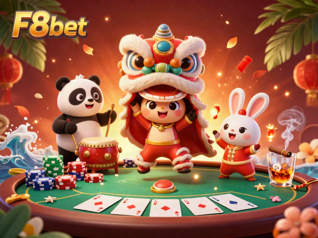 Experience the vibrant F8bet atmosphere with a lively Chinese lion dance and poker action.