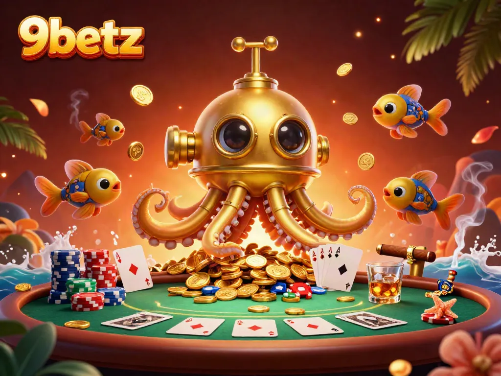 Experience thrilling wins with 9betz as a golden kraken submarine surfaces amidst golden coins and vibrant poker elements.