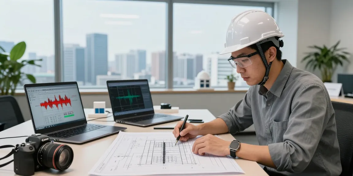 Seismic Design Engineer Canada analyzing structural plans with advanced software in a modern office setting.