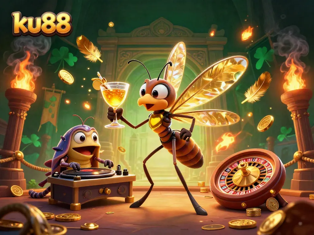 Experience the vibrant atmosphere of ku88 with dynamic casino characters and golden gaming elements.