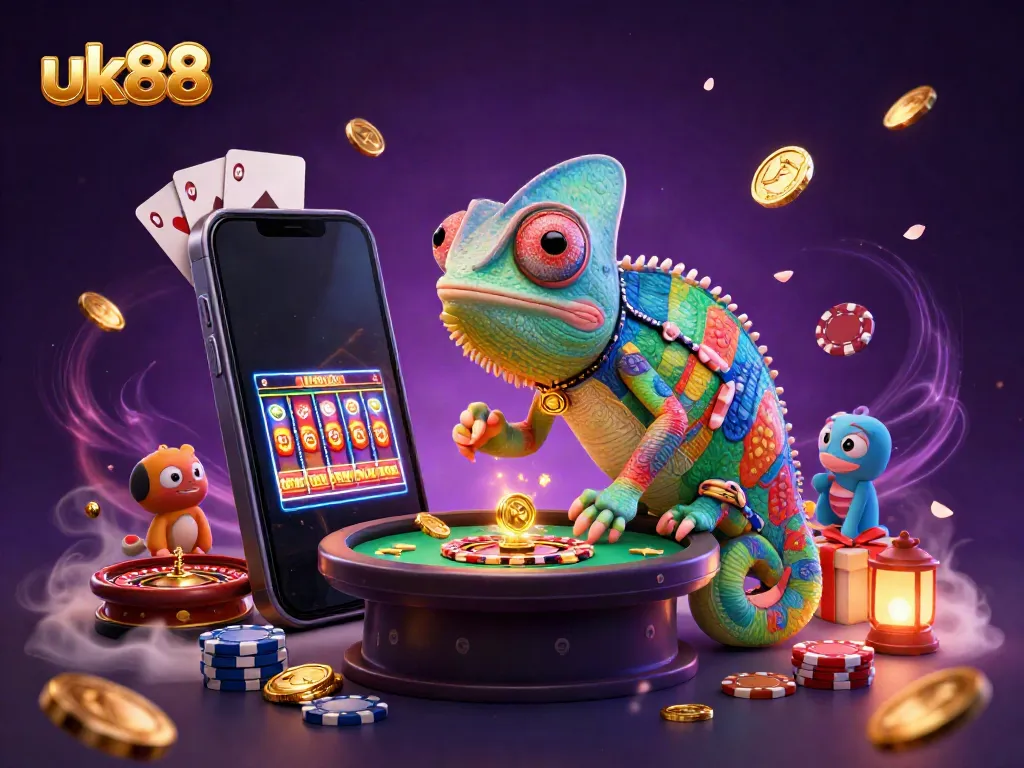 Engage with exciting gaming adventures at uk88, illustrated by a dynamic chameleon casino owner catching golden coins.
