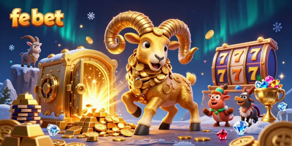 Experience the exciting world of fe bet with a vibrant illustration showcasing a golden ram charging through a casino gates.