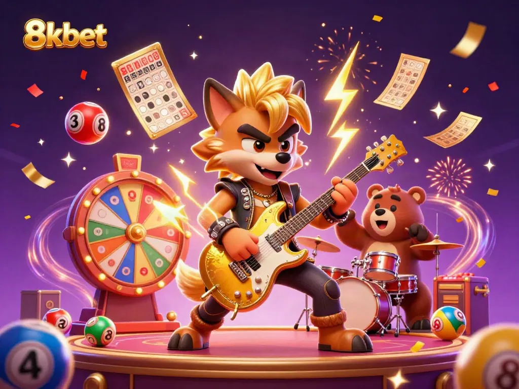 Experience the excitement of 8xbet with a vibrant 3D cartoon scene featuring thrilling lottery elements and energetic characters in a casino setting.