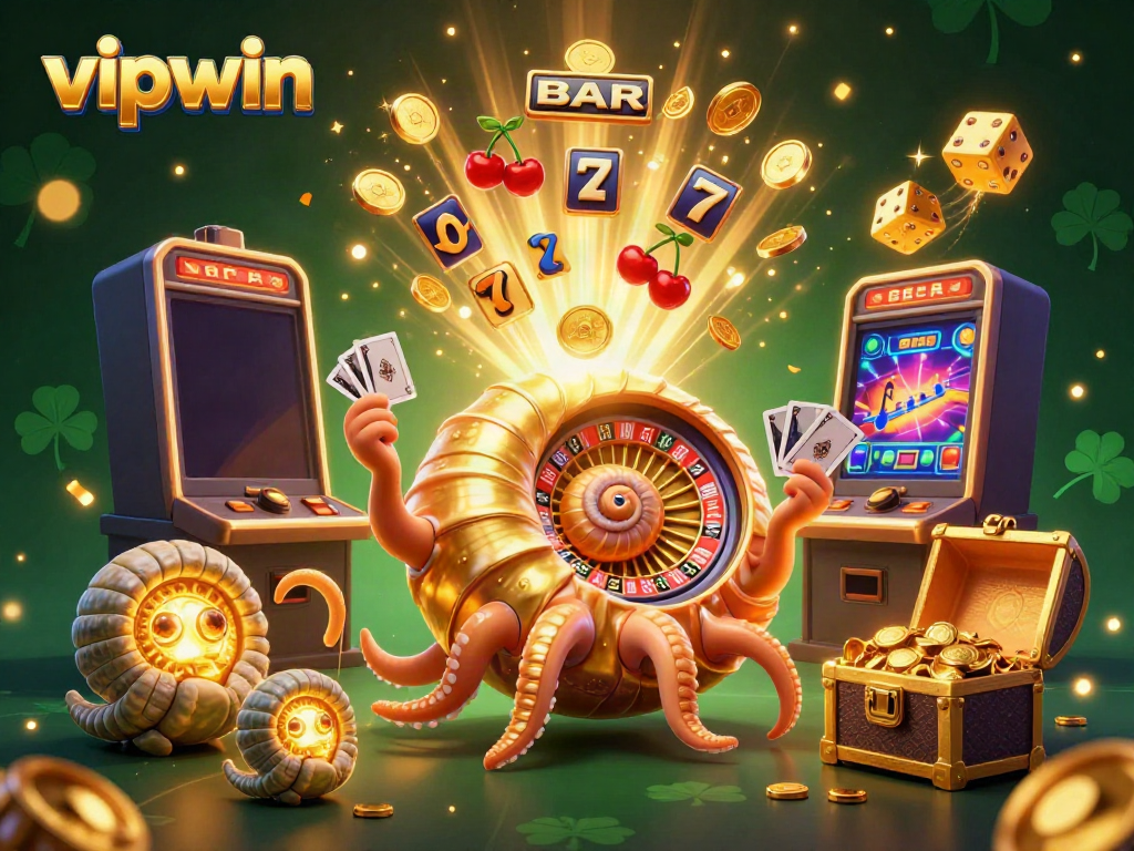 Experience the thrilling games at vipwin with this vibrant 3D casino scene featuring a golden nautilus roulette wheel and a slot machine explosion.