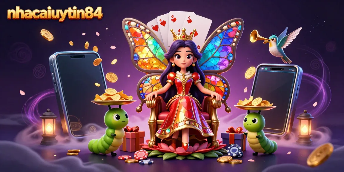 Experience vibrant gameplay with nhacaiuytin84 featuring a butterfly queen and treasure in an enchanted casino.