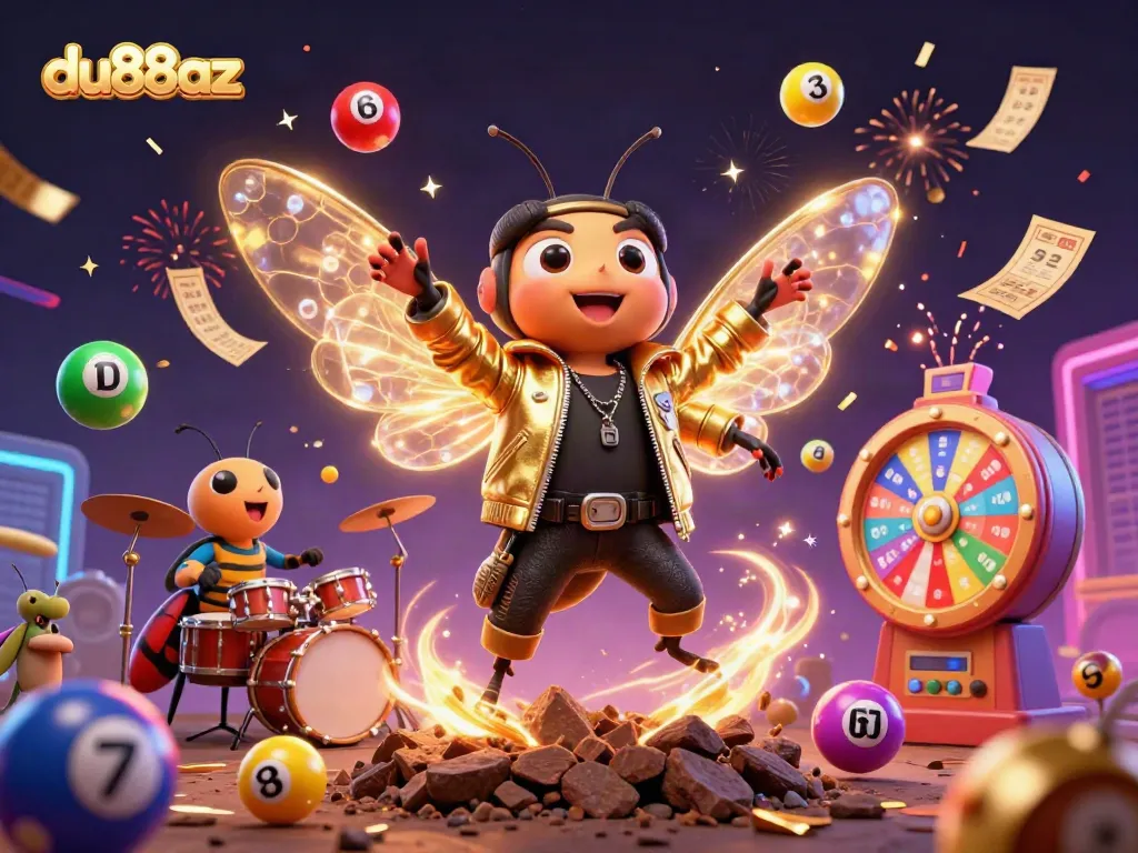 Dive into the excitement of du88az with a thrilling illustration featuring a cicada rock star and dynamic gaming elements.