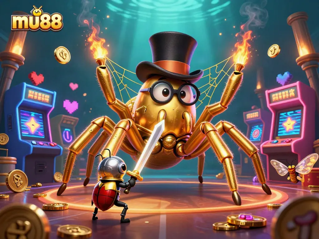 Engage with mu88's vibrant casino experience featuring a golden tarantula and a beetle knight.