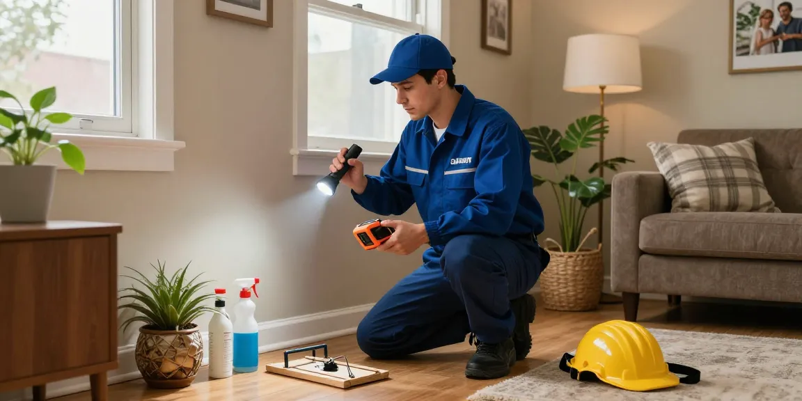 Calgary pest control technician inspecting a cozy home for pest issues, using specialized tools in a sunlit living room.