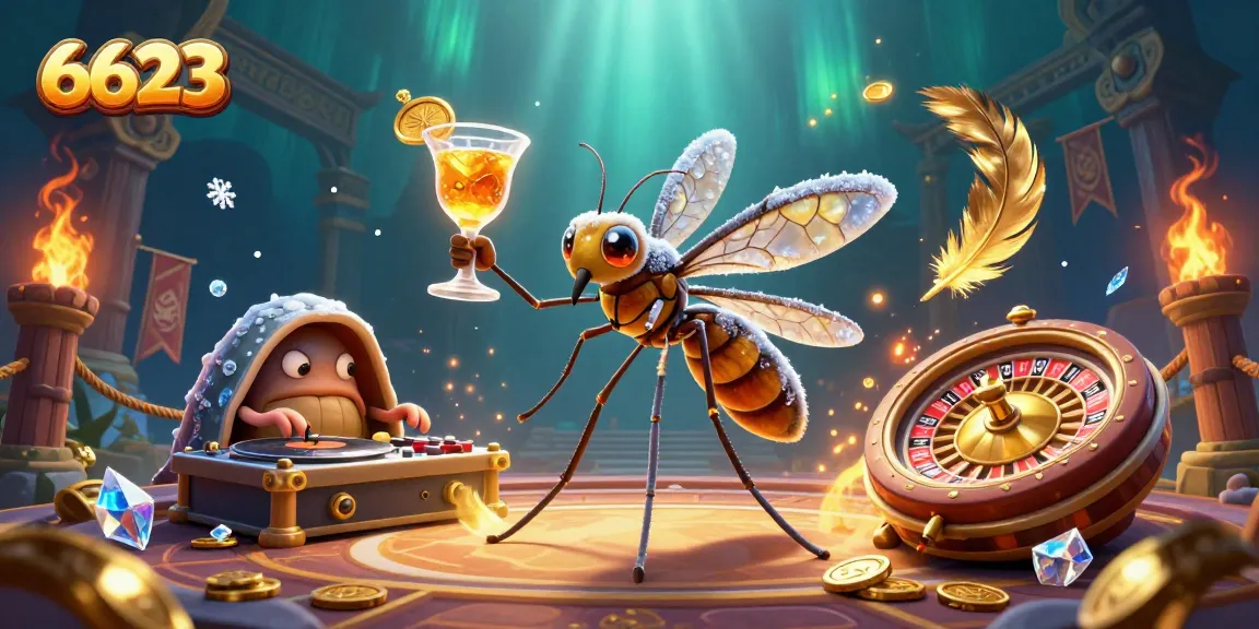 Join 6623 for thrilling casino action; watch a playful mascot with a cocktail and a DJ.