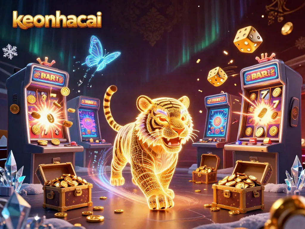 Experience keonhacai with vibrant visuals of a golden tiger in a dynamic digital casino landscape.