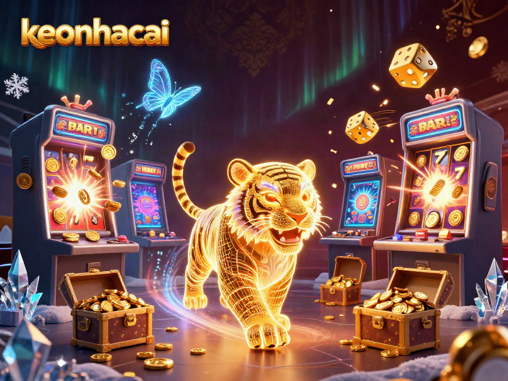 Experience keonhacai with vibrant visuals of a golden tiger in a dynamic digital casino landscape.