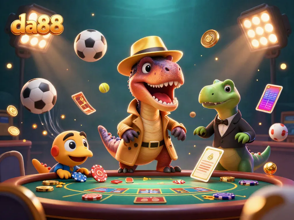 Witness da88's thrilling atmosphere with a cartoon velociraptor and friends at a blackjack table, capturing casino excitement.